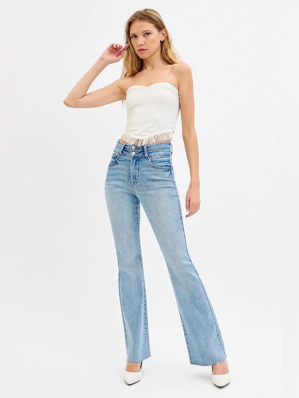 RDP5843 LIGHT Risen Tummy Control High Rise Bootcut Double Waist Band Jeans - Picture 4 of 4